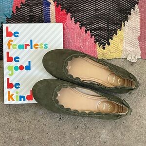 JACK ROGERS Lucie Olive Green Suede Scalloped Ballet Flats Women's